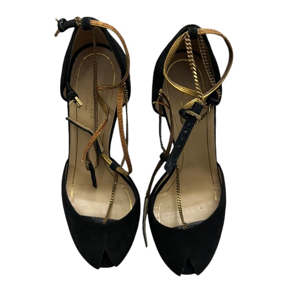 Gucci Mila Gold Chain Ophelie suede leather peeptoe pumps heels Size 38 - Picture 9 of 16